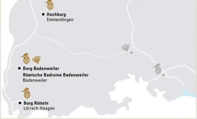 Illustration: Staatliche Schlösser und Gärten Baden-Württemberg, JUNG:Kommunikation GmbH Karte der Region "Geheimnisvolle Ruinen am Oberrhein"