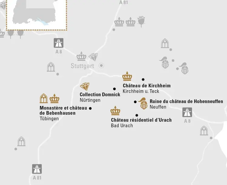 Visuel des Staatliche Schlösser und Gärten Baden-Württemberg, Illustration JUNG:Kommunikation Jura Souabe et Tübingen
