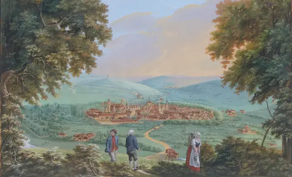 Foto: Deutschordensmuseum/Foto Besserer, Lauda-Königshofen Farbige Ansicht zeigt Mergentheim mit Schloss, Kirchen und Stadtmauer, im Vordergrund den Fluss Tauber